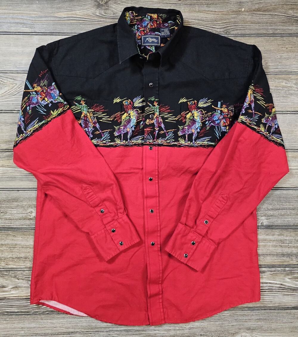 VTG Roper Shirt L Western Cowboy Bull Rider Country Rodeo Ranchero Vaquero Snaps